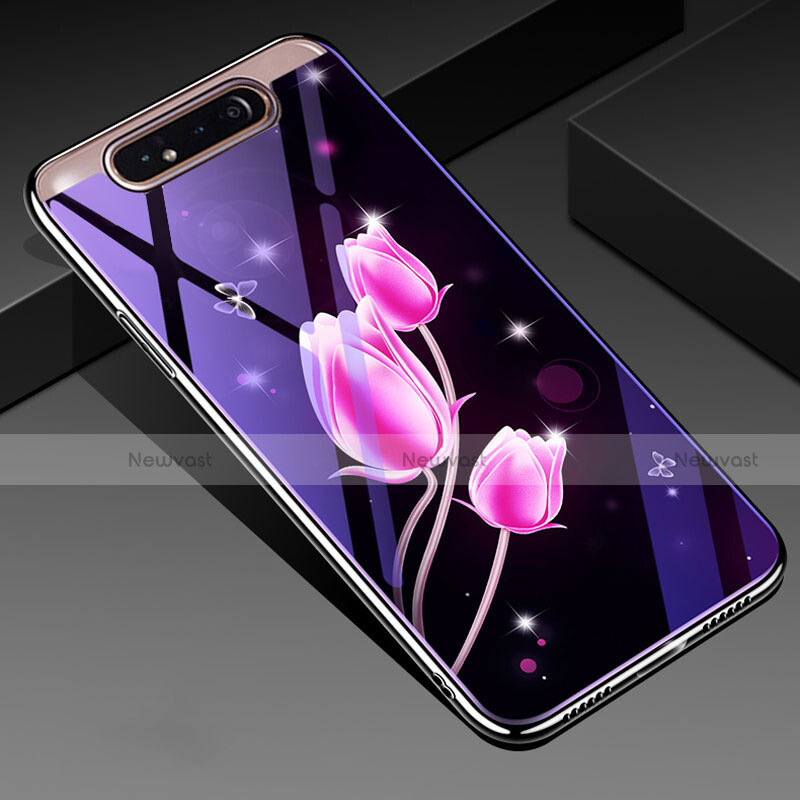 Silicone Frame Flowers Mirror Case Cover for Samsung Galaxy A80 Hot Pink