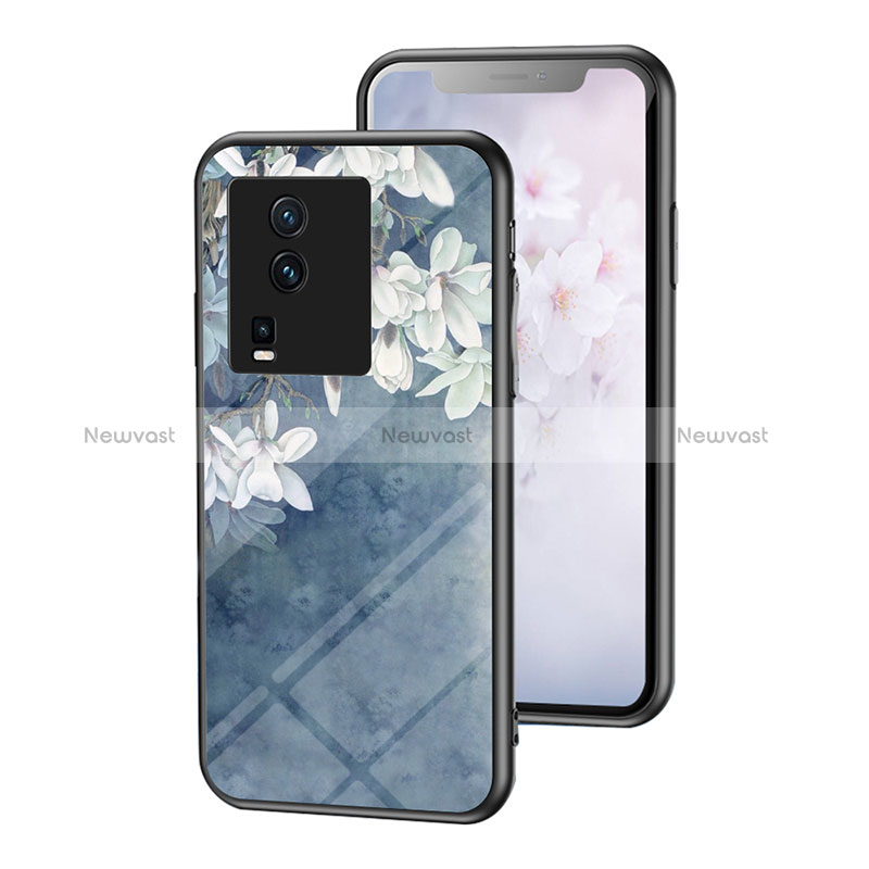 Silicone Frame Flowers Mirror Case Cover for Vivo iQOO Neo7 5G Blue
