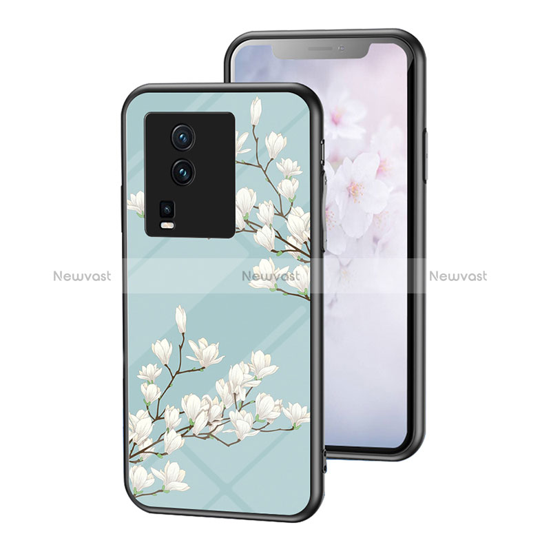 Silicone Frame Flowers Mirror Case Cover for Vivo iQOO Neo7 5G Cyan