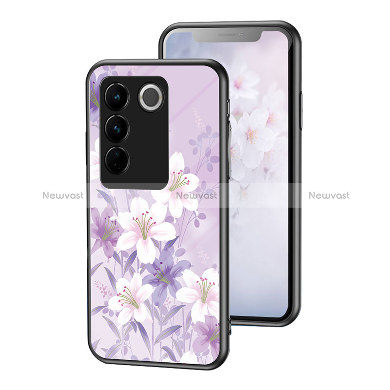 Silicone Frame Flowers Mirror Case Cover for Vivo V27 5G Clove Purple