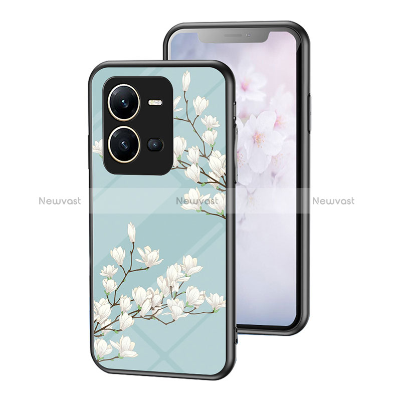 Silicone Frame Flowers Mirror Case Cover for Vivo X80 Lite 5G Cyan