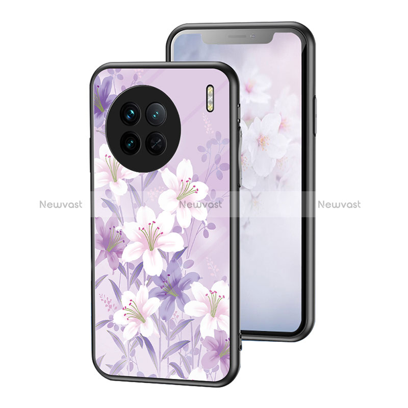 Silicone Frame Flowers Mirror Case Cover for Vivo X90 5G Clove Purple