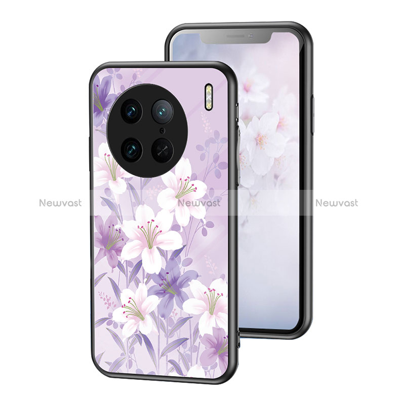 Silicone Frame Flowers Mirror Case Cover for Vivo X90 Pro 5G Clove Purple
