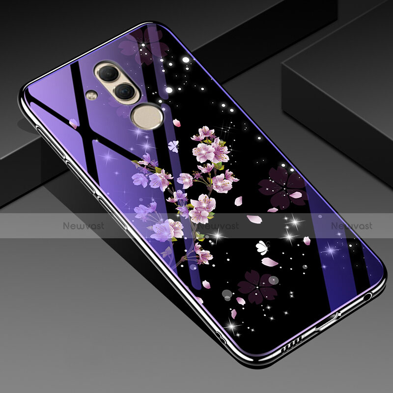 Silicone Frame Flowers Mirror Case Cover H01 for Huawei Mate 20 Lite Purple