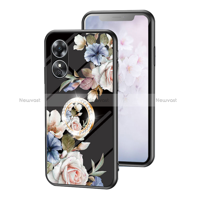 Silicone Frame Flowers Mirror Case Cover S01 for Oppo A17 Black