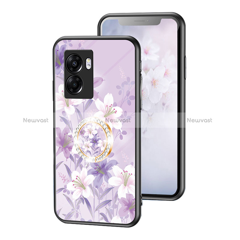 Silicone Frame Flowers Mirror Case Cover S01 for Oppo A56S 5G Clove Purple