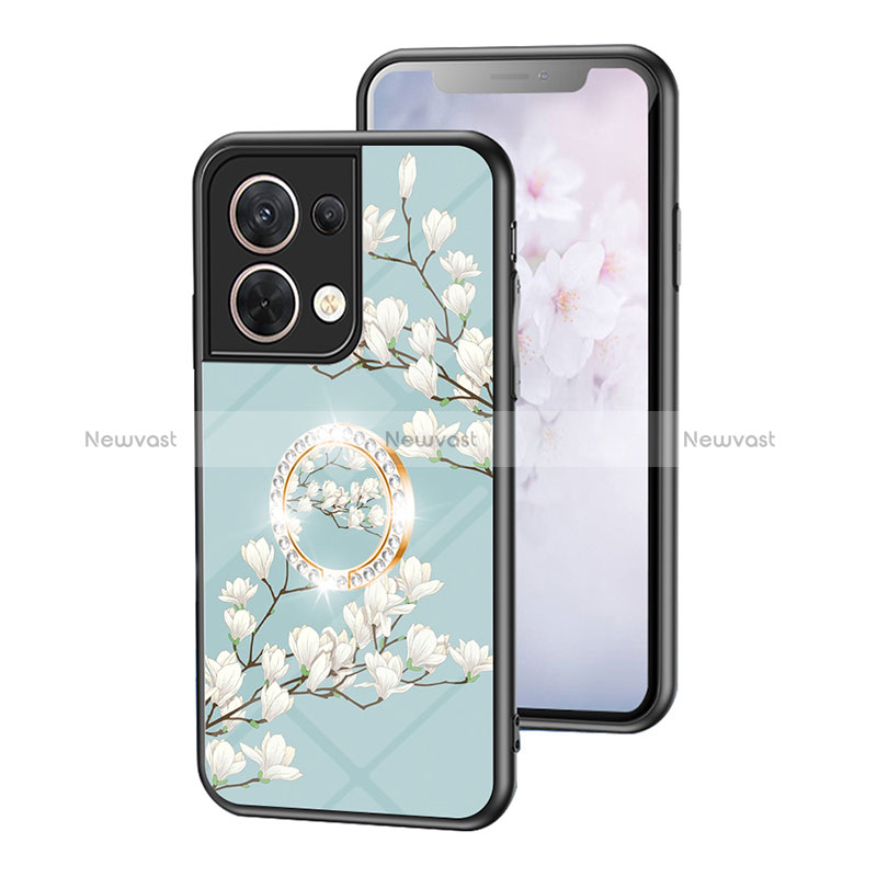 Silicone Frame Flowers Mirror Case Cover S01 for Oppo Reno8 5G Cyan