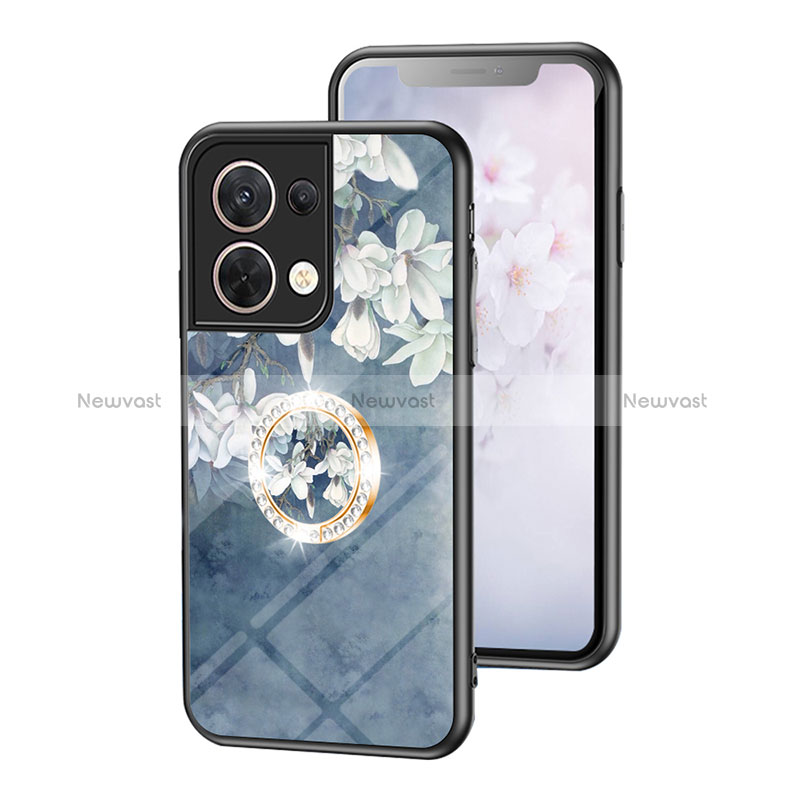 Silicone Frame Flowers Mirror Case Cover S01 for Oppo Reno9 5G Blue