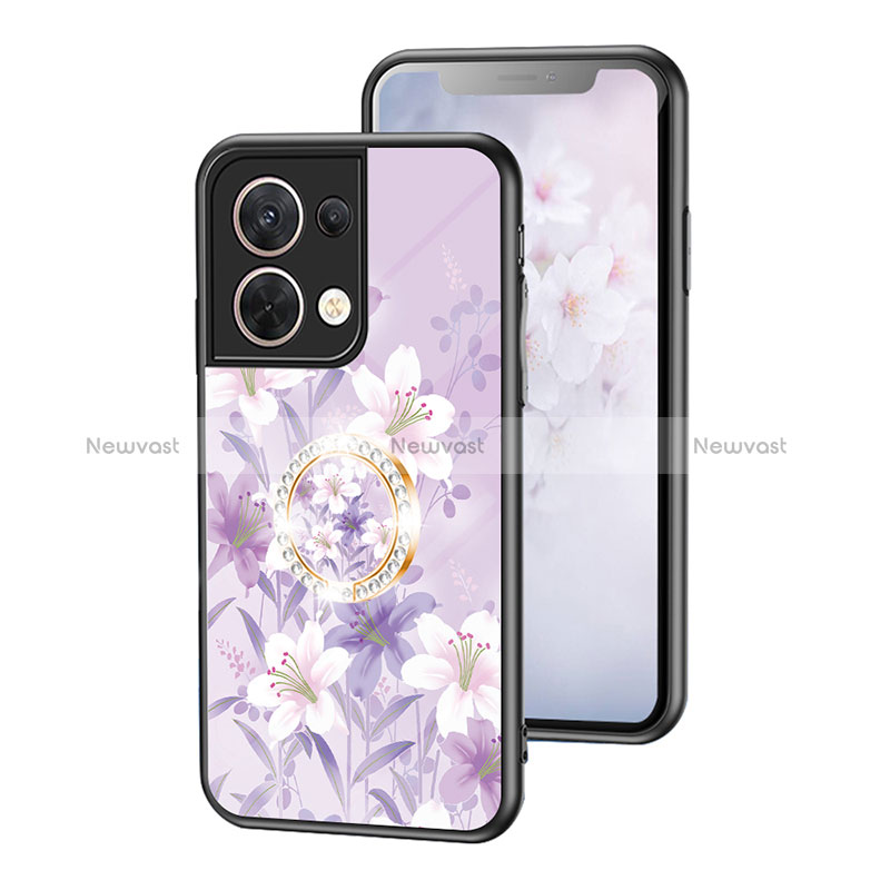 Silicone Frame Flowers Mirror Case Cover S01 for Oppo Reno9 Pro 5G Clove Purple