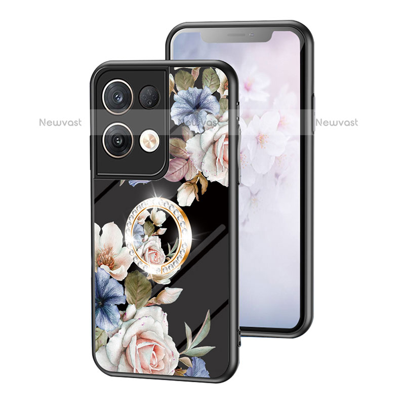 Silicone Frame Flowers Mirror Case Cover S01 for Oppo Reno9 Pro+ Plus 5G Black