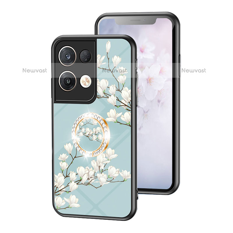 Silicone Frame Flowers Mirror Case Cover S01 for Oppo Reno9 Pro+ Plus 5G Cyan