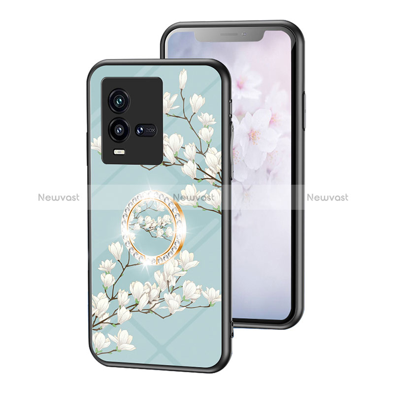 Silicone Frame Flowers Mirror Case Cover S01 for Vivo iQOO 10 5G Cyan