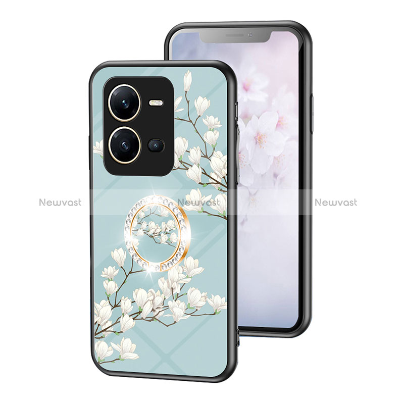 Silicone Frame Flowers Mirror Case Cover S01 for Vivo X80 Lite 5G Cyan