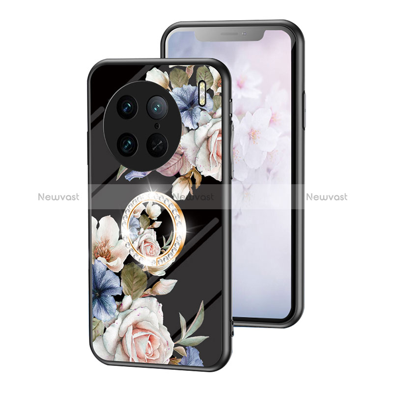 Silicone Frame Flowers Mirror Case Cover S01 for Vivo X90 Pro 5G Black