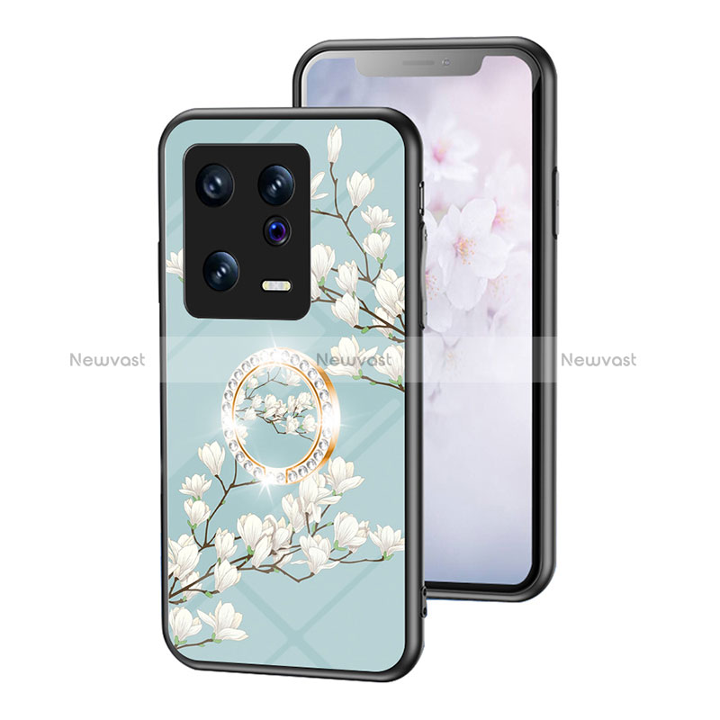 Silicone Frame Flowers Mirror Case Cover S01 for Xiaomi Mi 13 5G Cyan