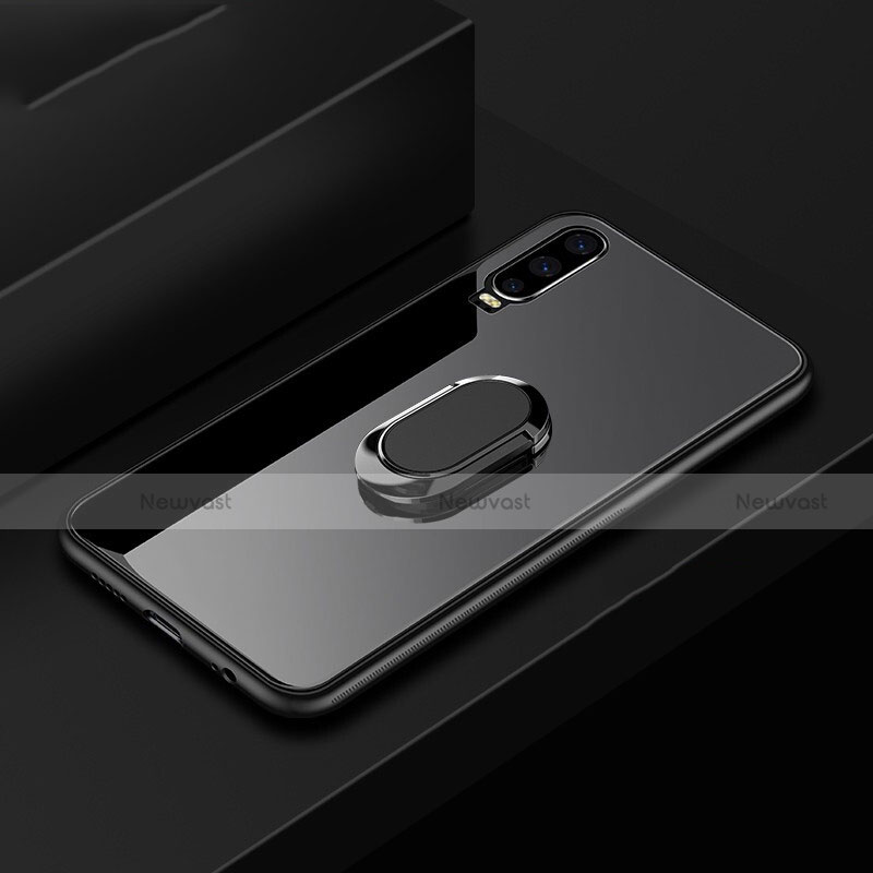 Silicone Frame Mirror Case Cover with Finger Ring Stand for Huawei P30 Black