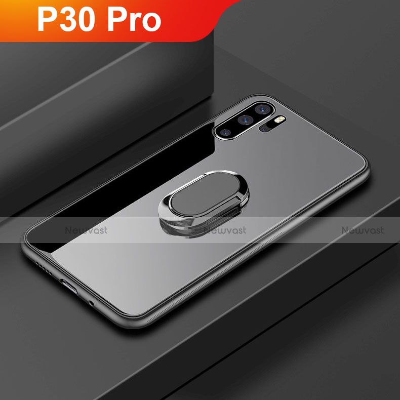 Silicone Frame Mirror Case Cover with Finger Ring Stand for Huawei P30 Pro Black