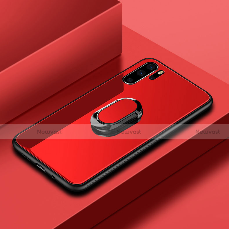 Silicone Frame Mirror Case Cover with Finger Ring Stand for Huawei P30 Pro Red