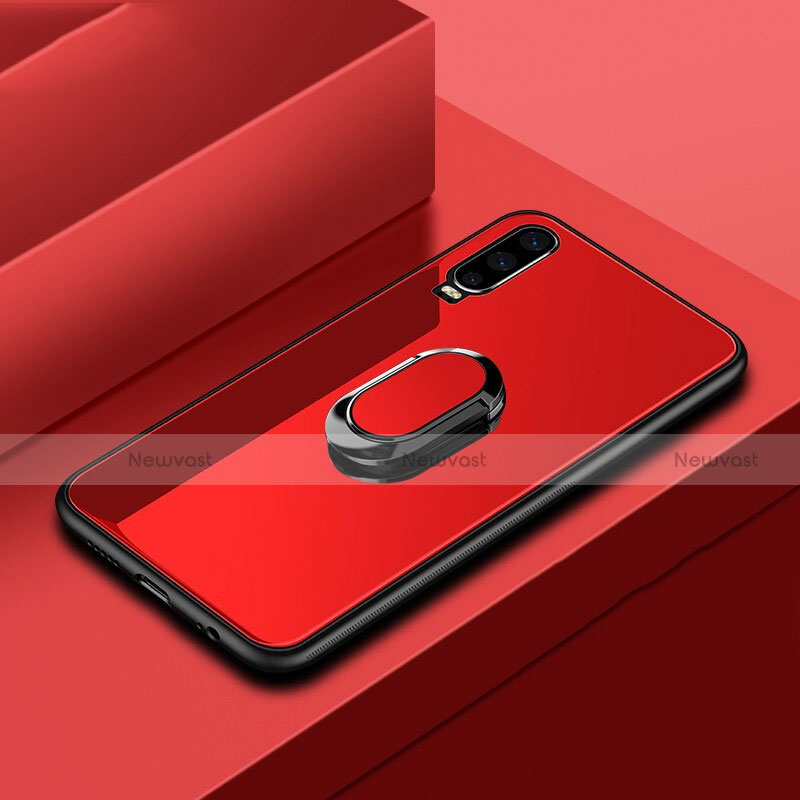 Silicone Frame Mirror Case Cover with Finger Ring Stand for Huawei P30 Red