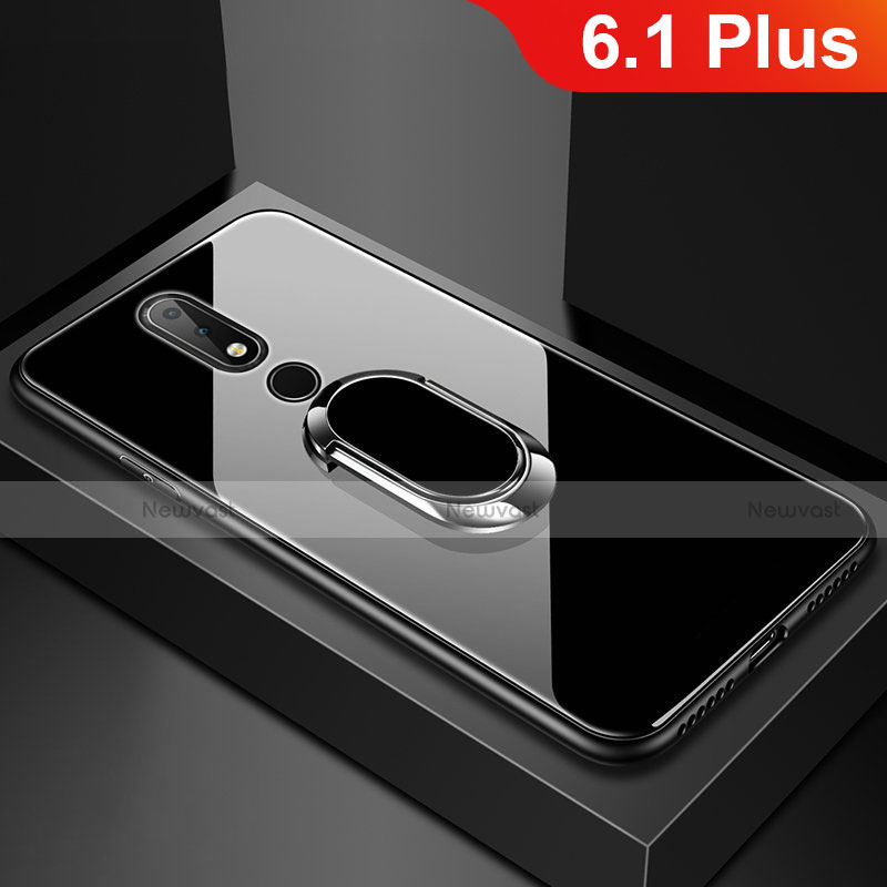 Silicone Frame Mirror Case Cover with Finger Ring Stand for Nokia 6.1 Plus Black