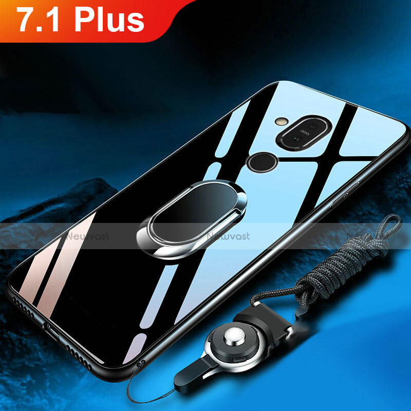 Silicone Frame Mirror Case Cover with Finger Ring Stand for Nokia 7.1 Plus Black