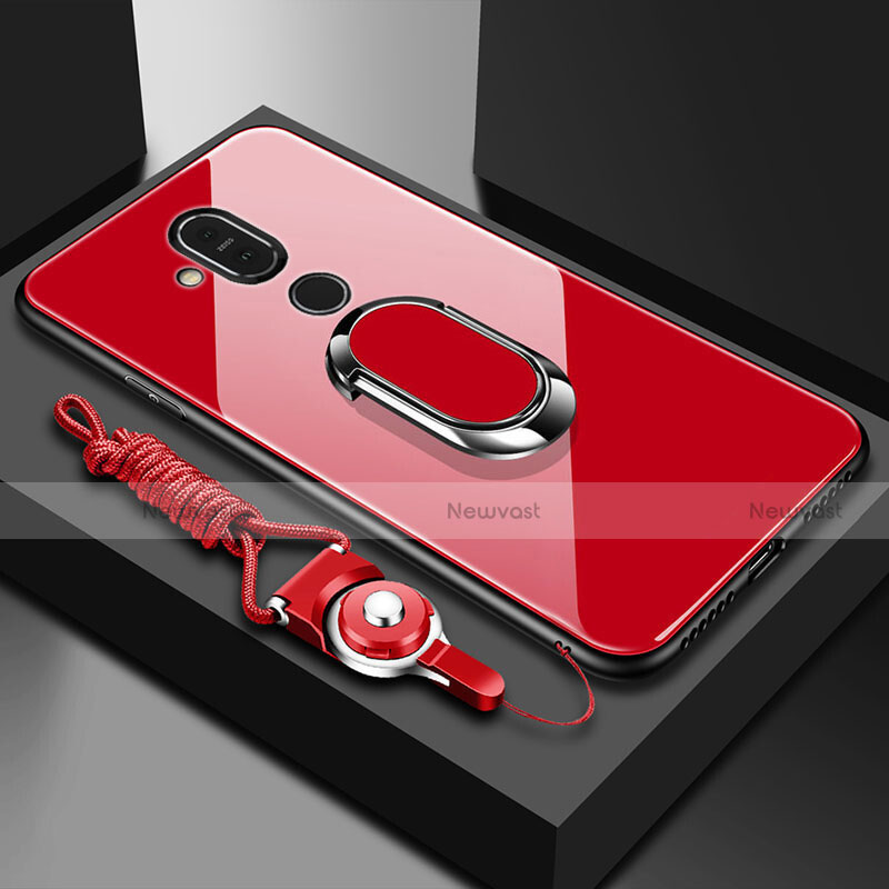 Silicone Frame Mirror Case Cover with Finger Ring Stand for Nokia 7.1 Plus Red