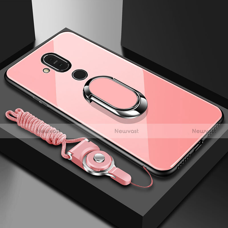 Silicone Frame Mirror Case Cover with Finger Ring Stand for Nokia 7.1 Plus Rose Gold