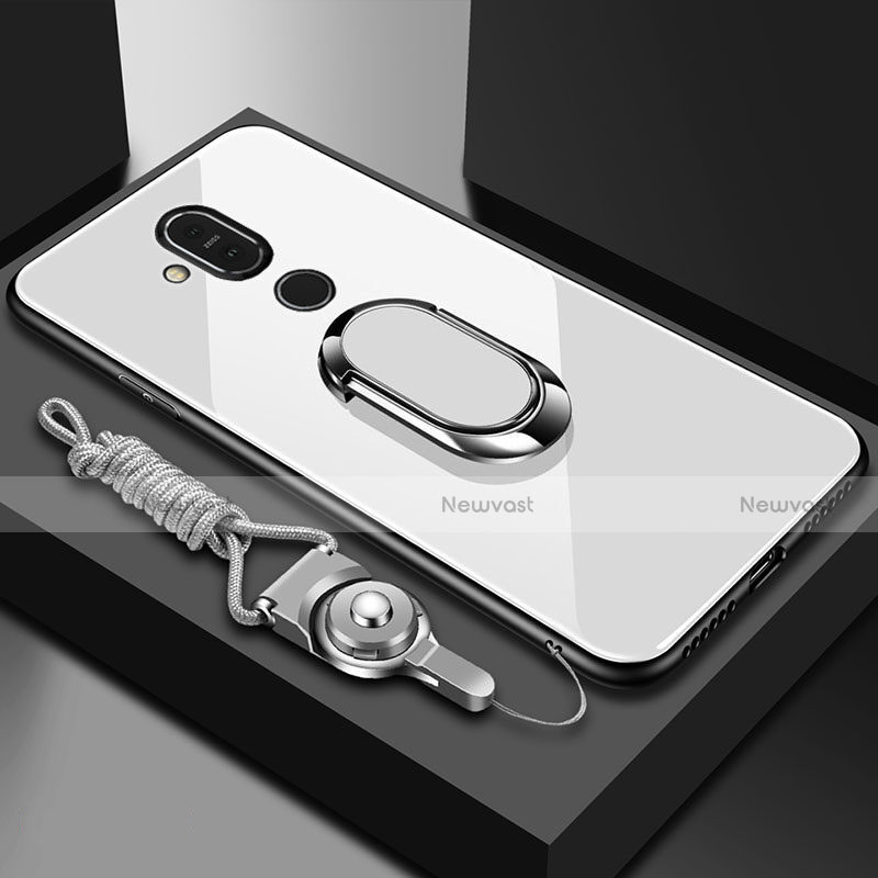 Silicone Frame Mirror Case Cover with Finger Ring Stand for Nokia 7.1 Plus White