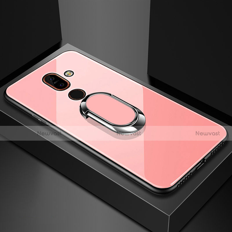 Silicone Frame Mirror Case Cover with Finger Ring Stand for Nokia 7 Plus Rose Gold