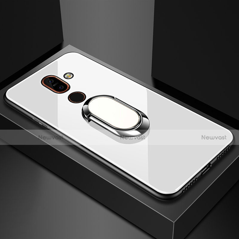 Silicone Frame Mirror Case Cover with Finger Ring Stand for Nokia 7 Plus White