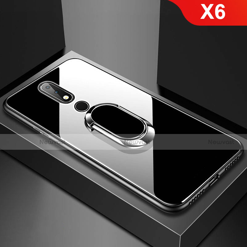 Silicone Frame Mirror Case Cover with Finger Ring Stand for Nokia X6 Black