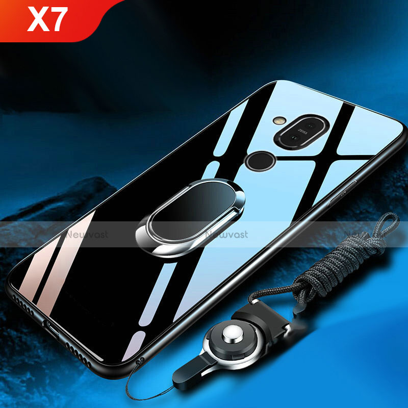 Silicone Frame Mirror Case Cover with Finger Ring Stand for Nokia X7 Black