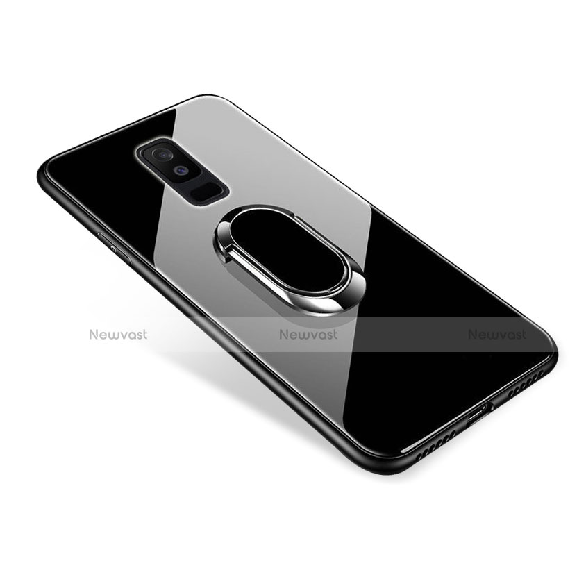 Silicone Frame Mirror Case Cover with Finger Ring Stand for Samsung Galaxy A6 Plus (2018) Black