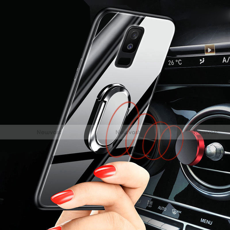 Silicone Frame Mirror Case Cover with Finger Ring Stand for Samsung Galaxy A6 Plus