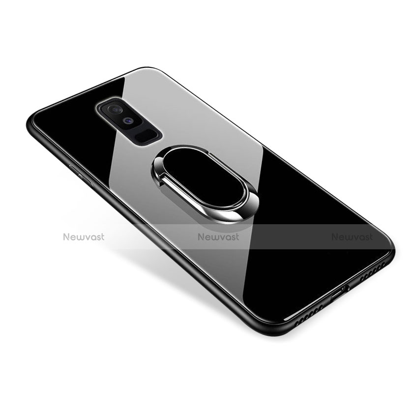 Silicone Frame Mirror Case Cover with Finger Ring Stand for Samsung Galaxy A6 Plus Black