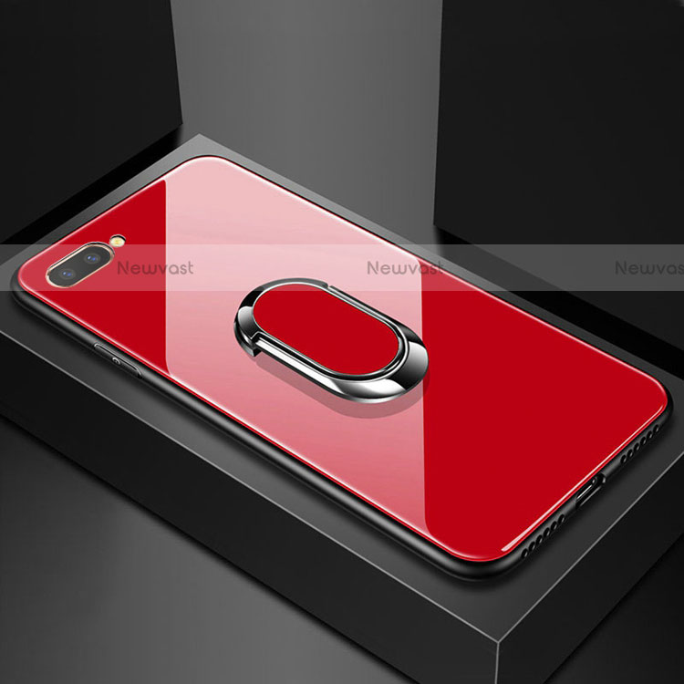 Silicone Frame Mirror Case Cover with Magnetic Finger Ring Stand A01 for Oppo A12e Red
