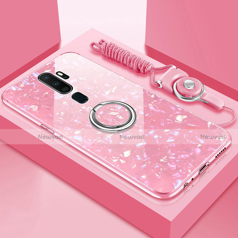 Silicone Frame Mirror Case Cover with Magnetic Finger Ring Stand A01 for Oppo A5 (2020) Pink