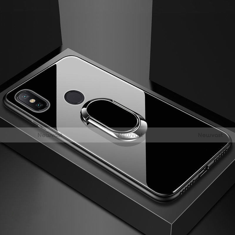 Silicone Frame Mirror Case Cover with Magnetic Finger Ring Stand A01 for Xiaomi Redmi 6 Pro Black