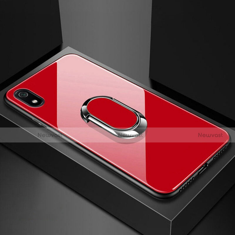 Silicone Frame Mirror Case Cover with Magnetic Finger Ring Stand A01 for Xiaomi Redmi 7A Red