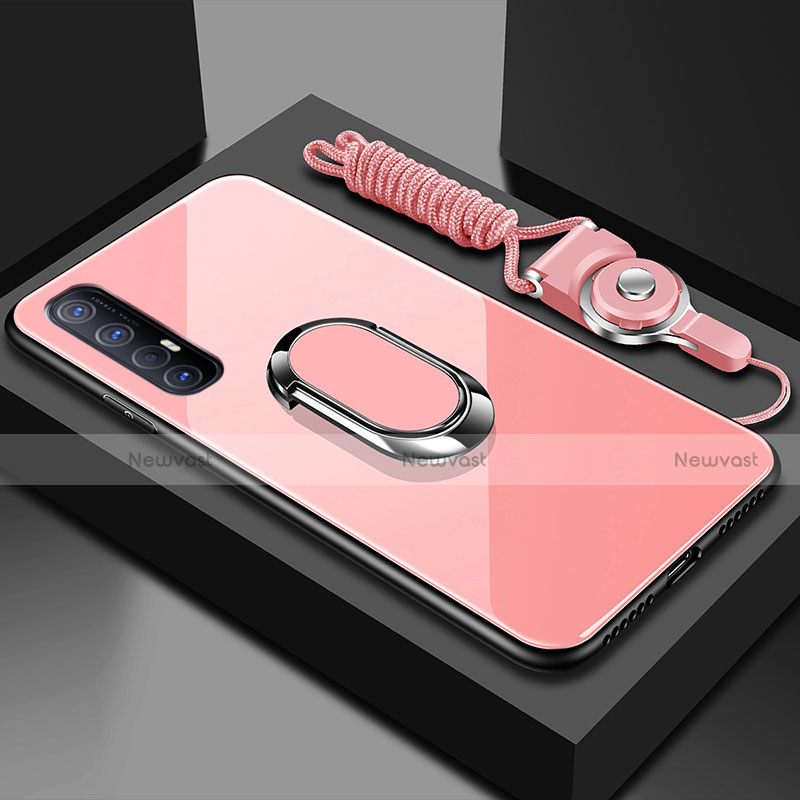 Silicone Frame Mirror Case Cover with Magnetic Finger Ring Stand A02 for Oppo Find X2 Neo Pink