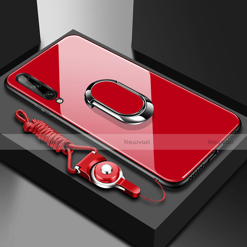 Silicone Frame Mirror Case Cover with Magnetic Finger Ring Stand for Huawei Enjoy 10S Red