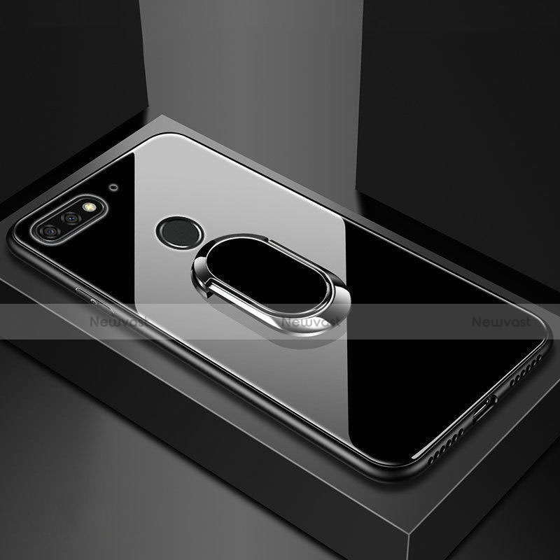 Silicone Frame Mirror Case Cover with Magnetic Finger Ring Stand for Huawei Enjoy 8e Black