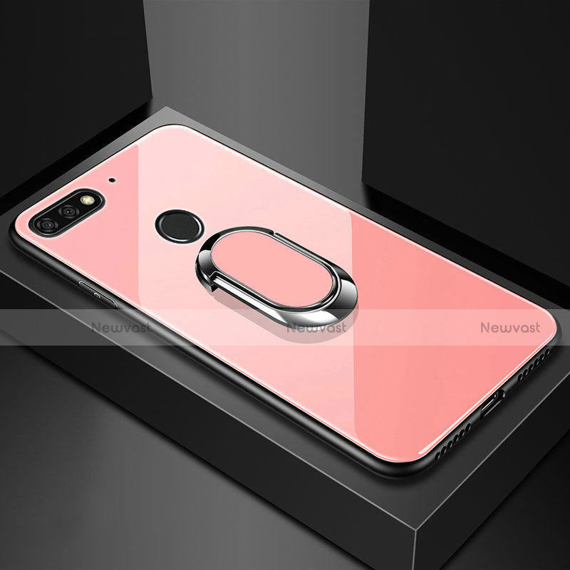 Silicone Frame Mirror Case Cover with Magnetic Finger Ring Stand for Huawei Enjoy 8e Rose Gold