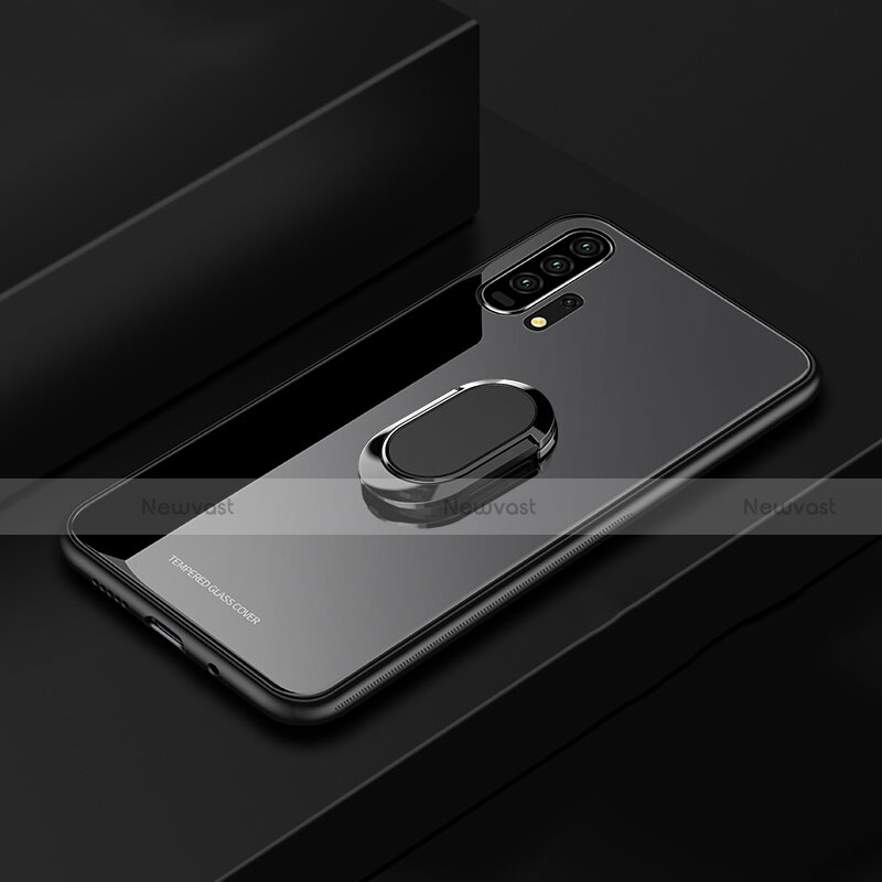 Silicone Frame Mirror Case Cover with Magnetic Finger Ring Stand for Huawei Honor 20 Pro Black