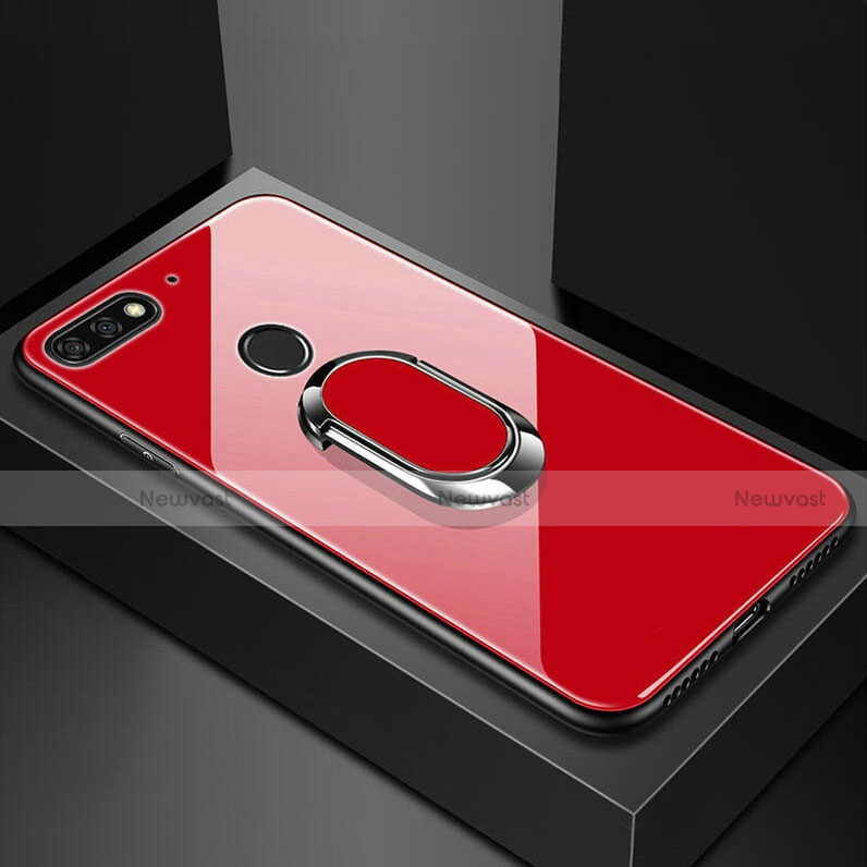 Silicone Frame Mirror Case Cover with Magnetic Finger Ring Stand for Huawei Honor 7A Red