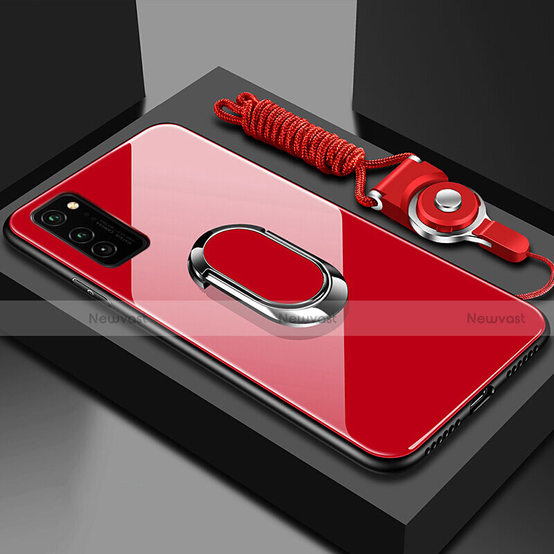 Silicone Frame Mirror Case Cover with Magnetic Finger Ring Stand for Huawei Honor V30 Pro 5G Red