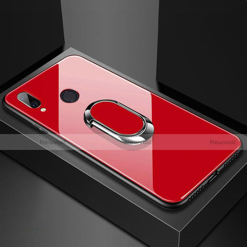 Silicone Frame Mirror Case Cover with Magnetic Finger Ring Stand for Huawei Nova 3e Red