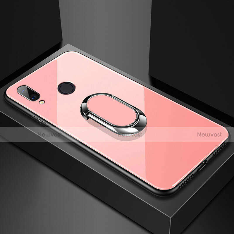 Silicone Frame Mirror Case Cover with Magnetic Finger Ring Stand for Huawei Nova 3e Rose Gold