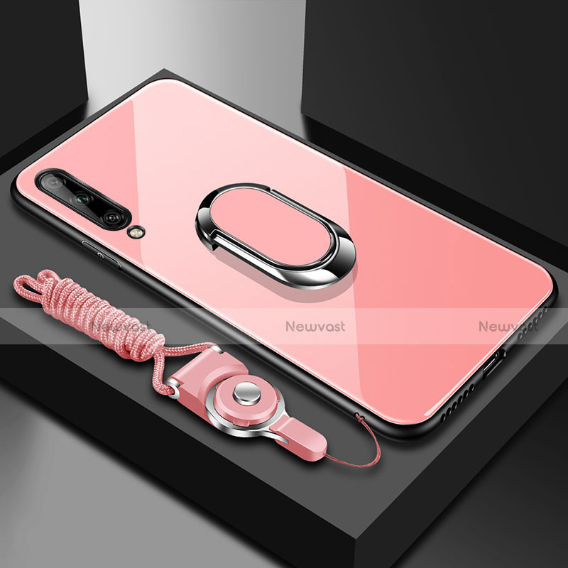 Silicone Frame Mirror Case Cover with Magnetic Finger Ring Stand for Huawei Y8p Pink