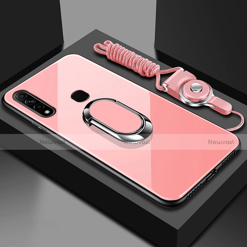 Silicone Frame Mirror Case Cover with Magnetic Finger Ring Stand for Oppo A8 Pink